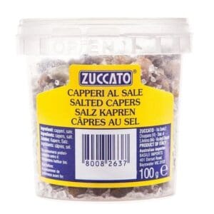 Container of 100g Zuccato Salted Capers with multicolored label, Italy product.