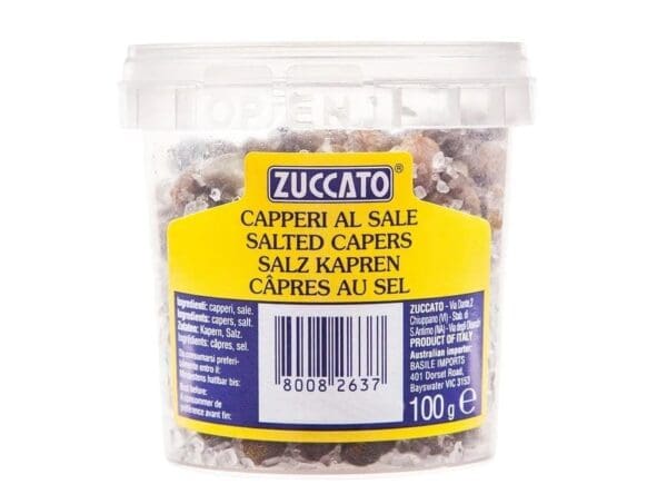 Zuccato Salted Capers - 100g Italian Product Container of 100g Zuccato Salted Capers with multicolored label, Italy product.